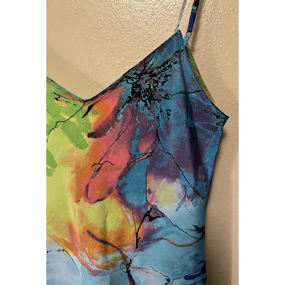 Natori‎ Private Luxuries Watercolor Slip Dress Floral Rainbow Multicolor Size S